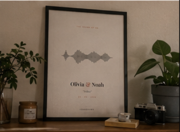 Customer photo — framed Soundvows piece on a shelf